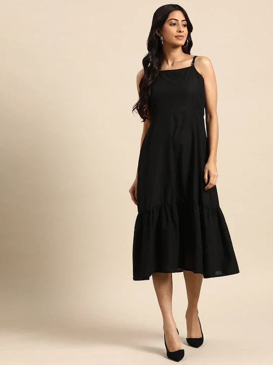 Black Pure Cotton A-Line Dress