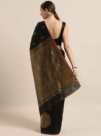 Black & Gold-Toned Silk Blend Woven Design Banarasi Saree