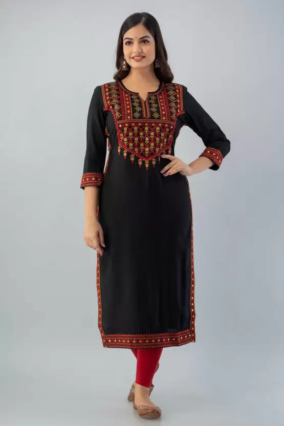 Black Rayon Embroidered Kurta