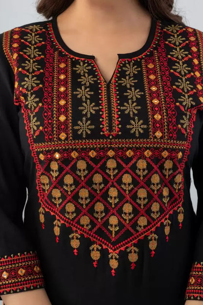 Black Rayon Embroidered Kurta