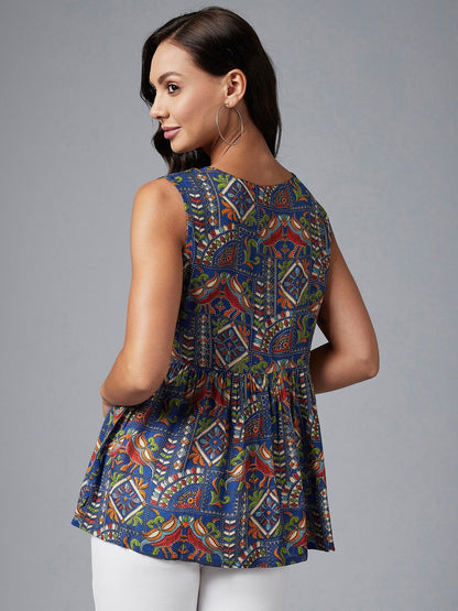 Blue Ethnic Print Empire Top
