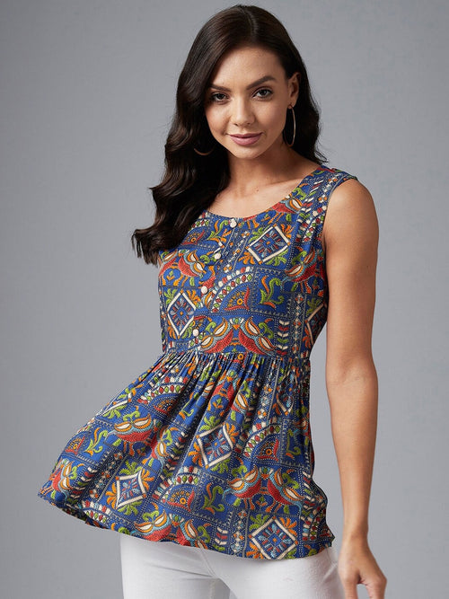 Blue Ethnic Print Empire Top