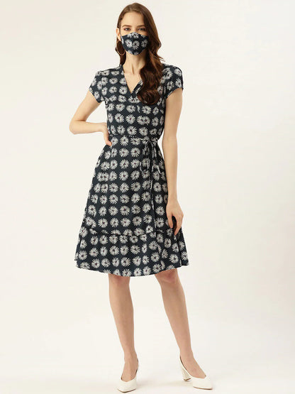 Blue Floral Crepe Dress