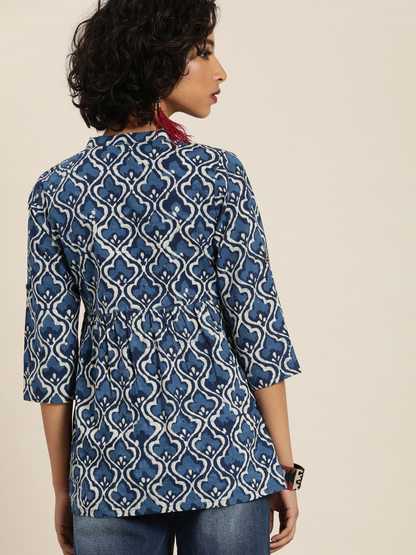 Blue & Off-White Hand Block Print A-Line Top