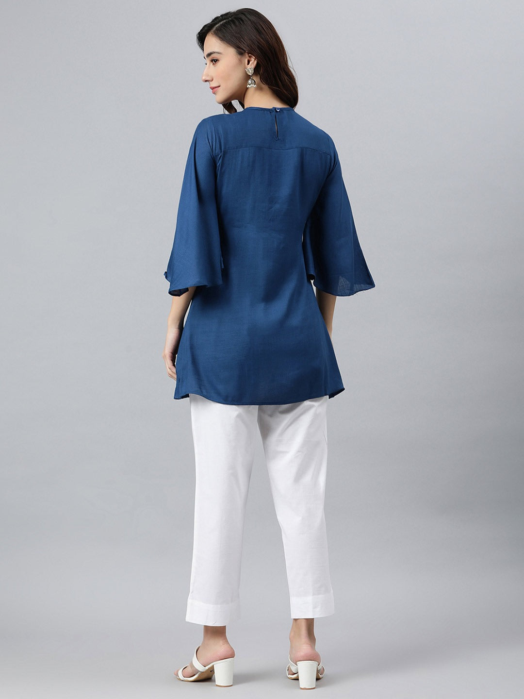 Blue & Orange Viscose Rayon Embroidered Tunic