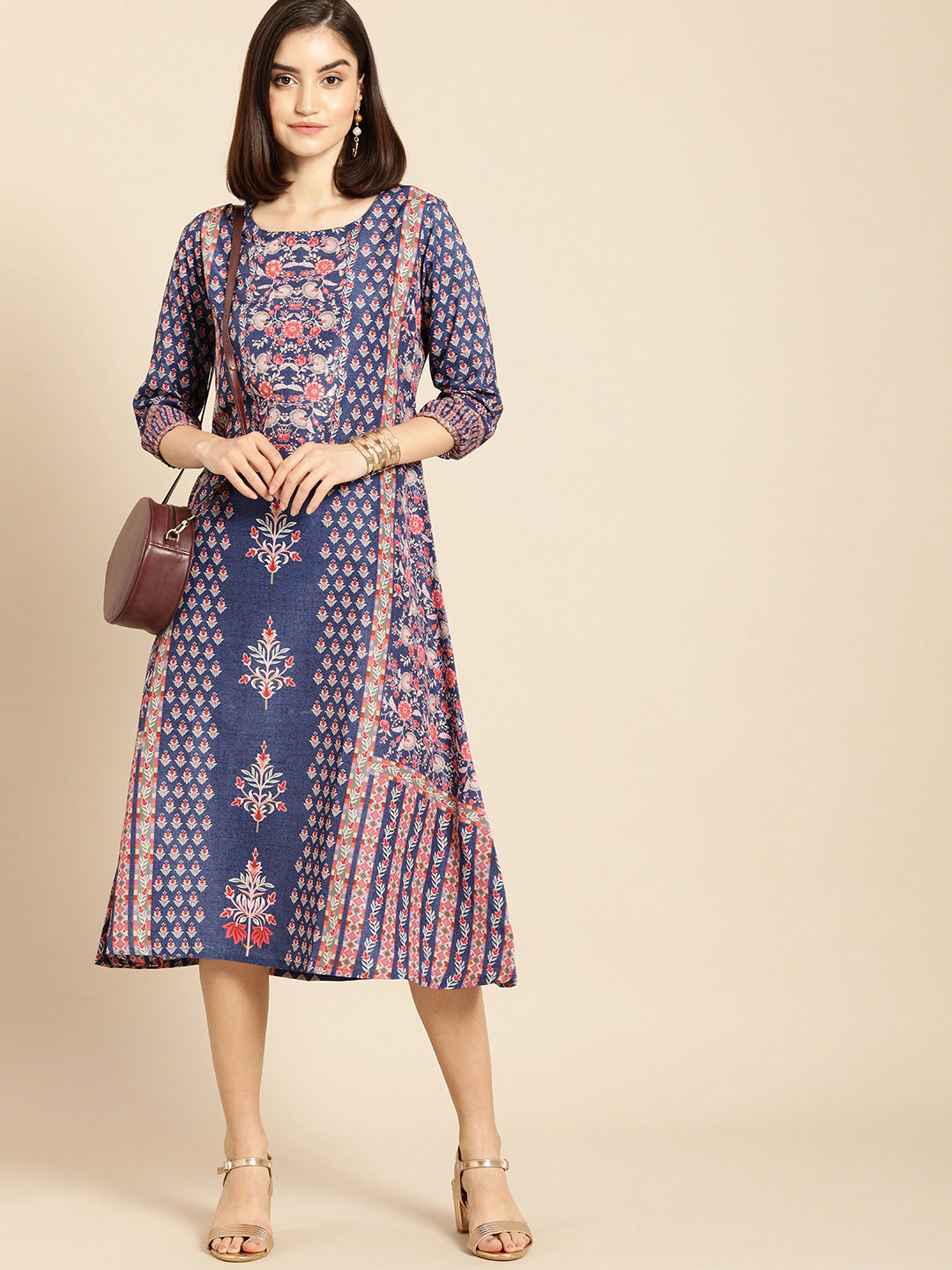 Blue & Pink Floral A-Line Midi Dress