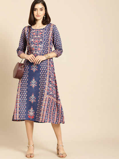 Blue & Pink Floral A-Line Midi Dress
