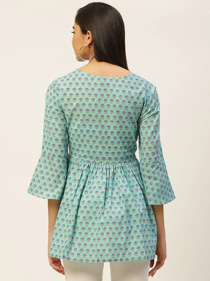 Blue & Purple Printed Pure Cotton A-Line Top