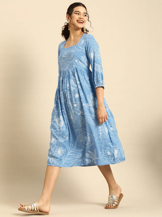 Blue & White Floral Square neck Fit N Flare Dress
