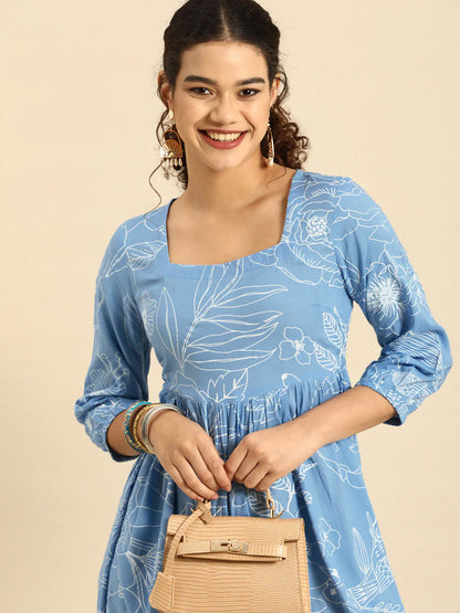 Blue & White Floral Square neck Fit N Flare Dress