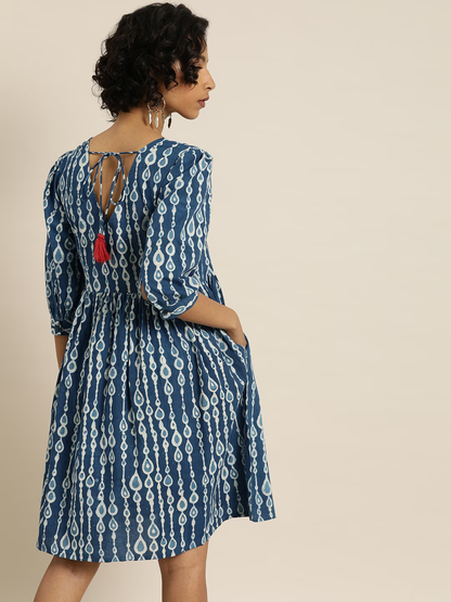 Blue & White Indigo Hand Block Print Empire Sustainable Pure Cotton Ethnic Dress with Gathered Detail