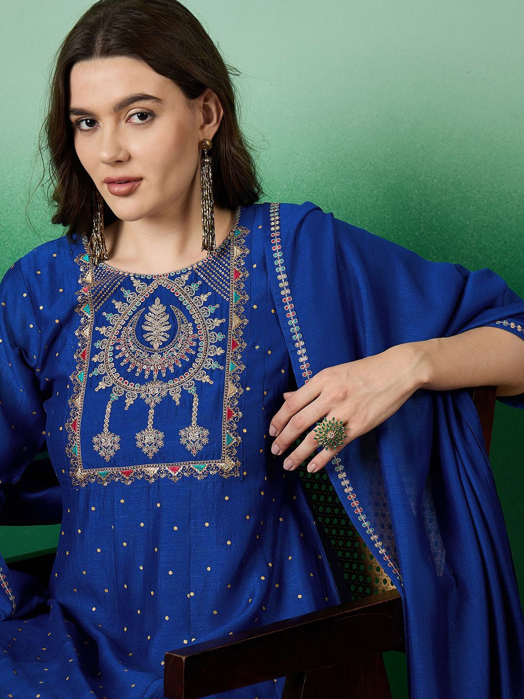 Blue floral Embroidered A-Line Kurta & Trousers With Dupatta