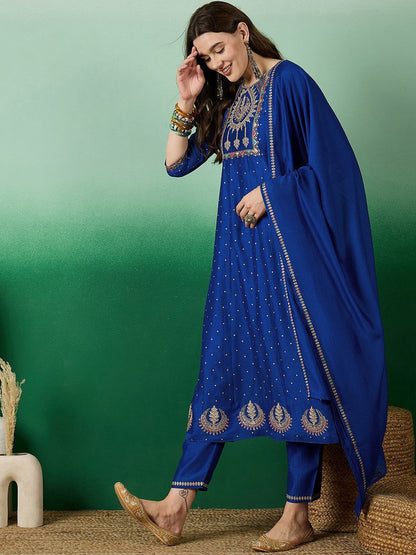 Blue floral Embroidered A-Line Kurta & Trousers With Dupatta