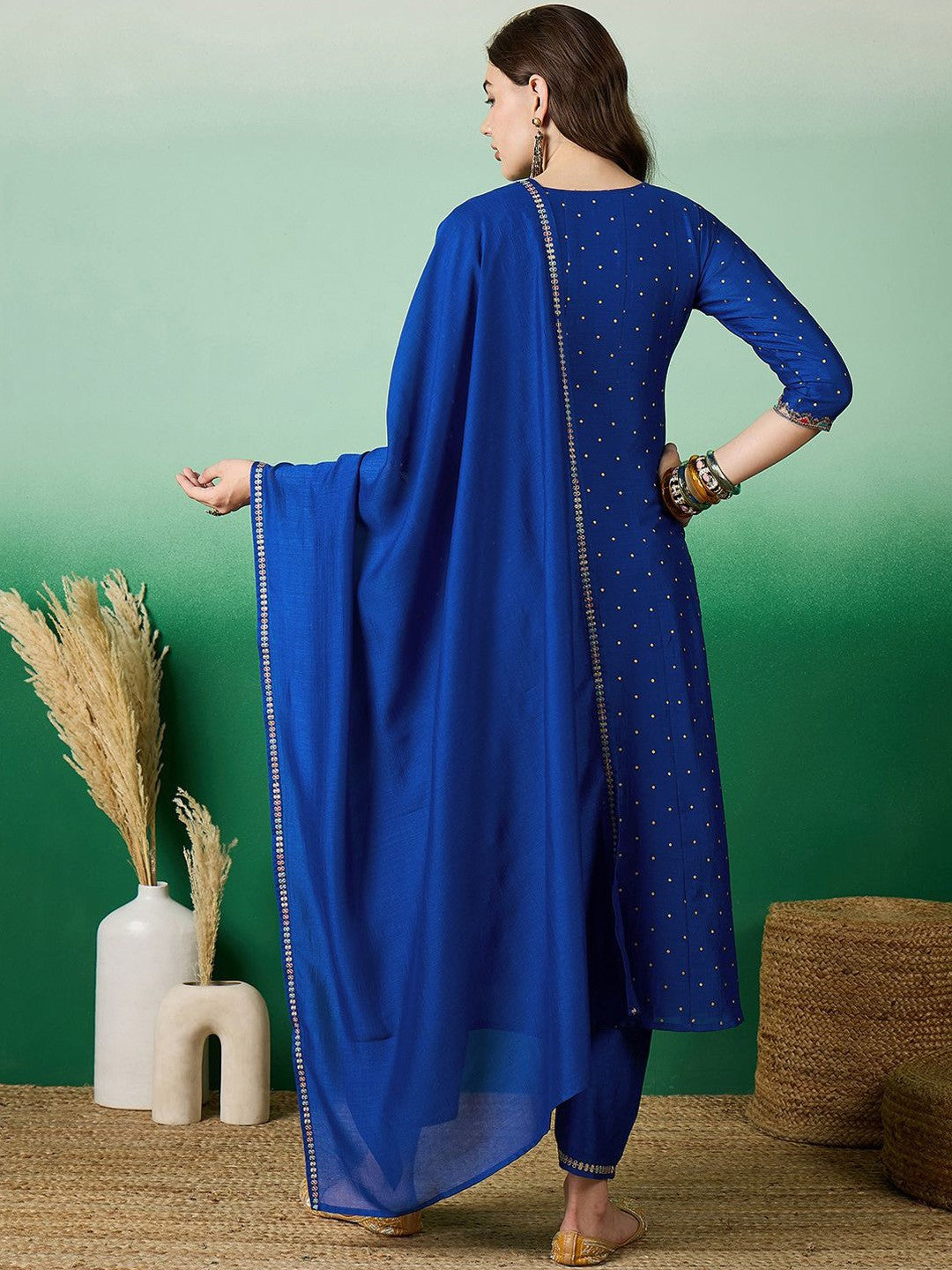 Blue floral Embroidered A-Line Kurta & Trousers With Dupatta