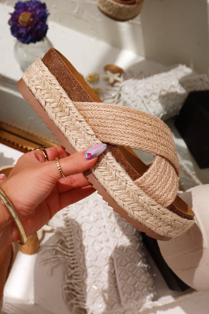 Palm Beach Raffia Platform Slip On Sandals - Natural