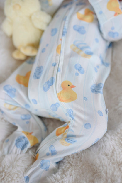 Bamboo Zipper Footie Pajamas | Bubble Duckies Blue