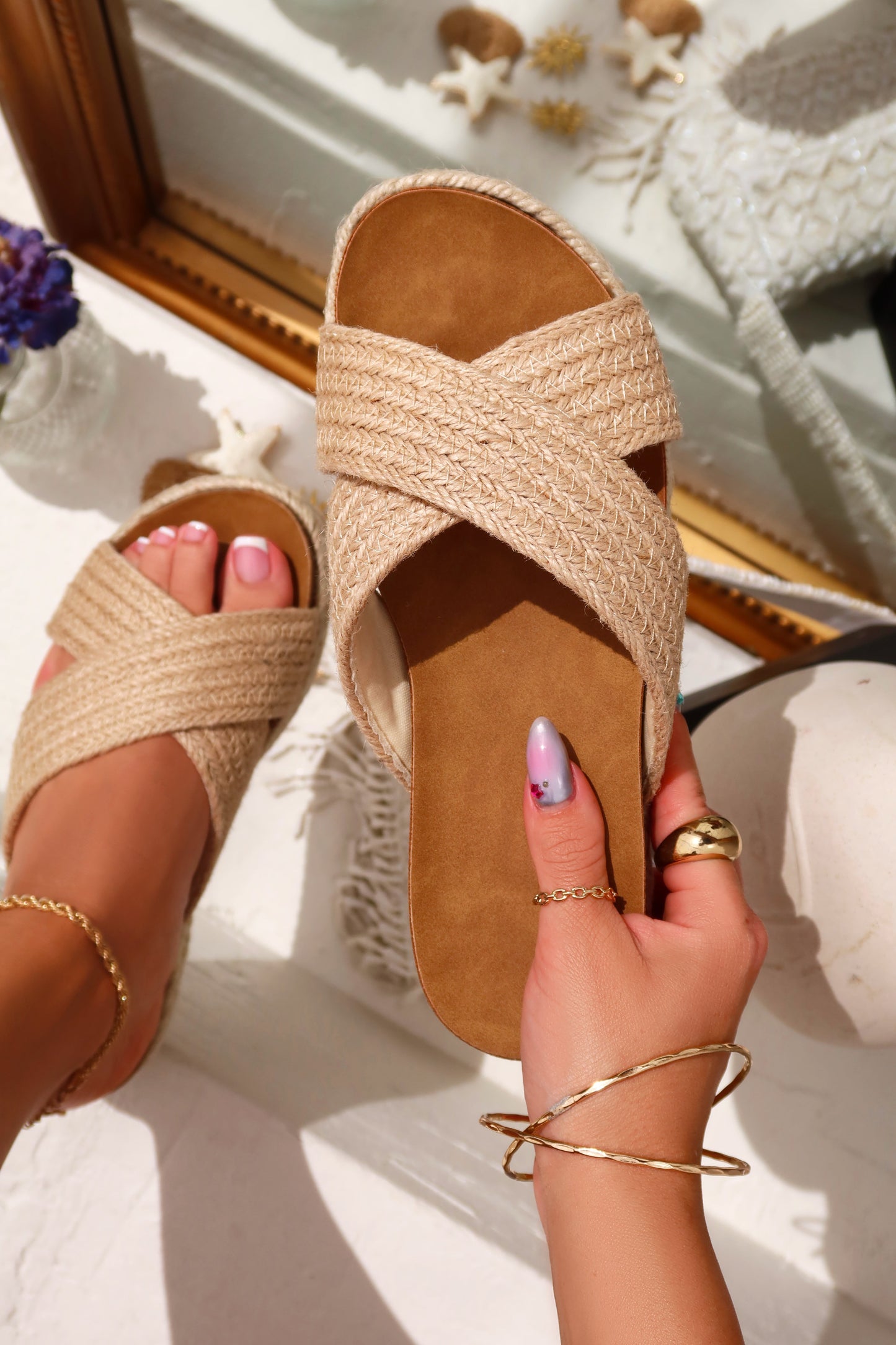 Palm Beach Raffia Platform Slip On Sandals - Natural