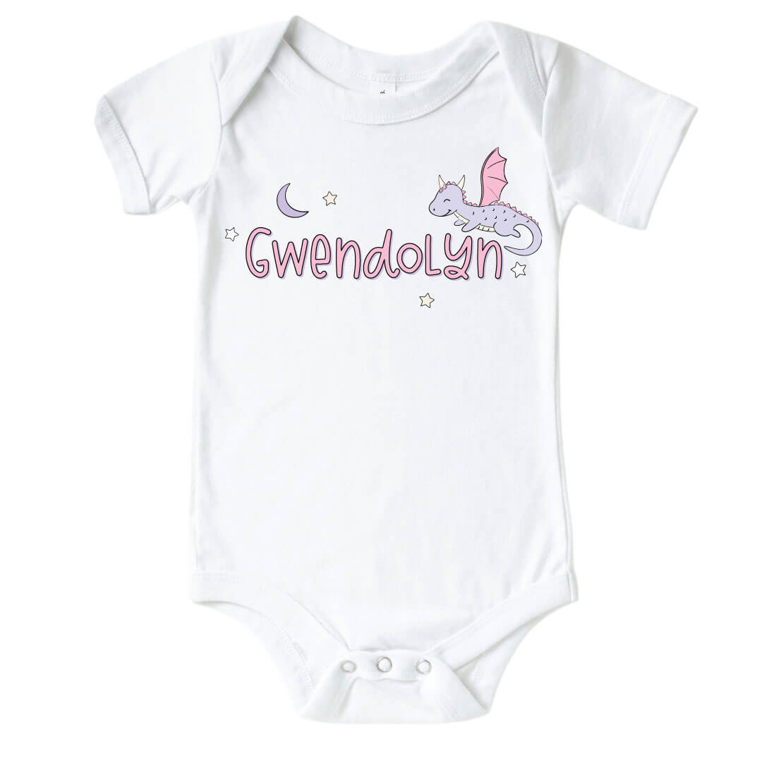 Personalized Dragon Adventure Pink Graphic Bodysuit & Kids Tee | White