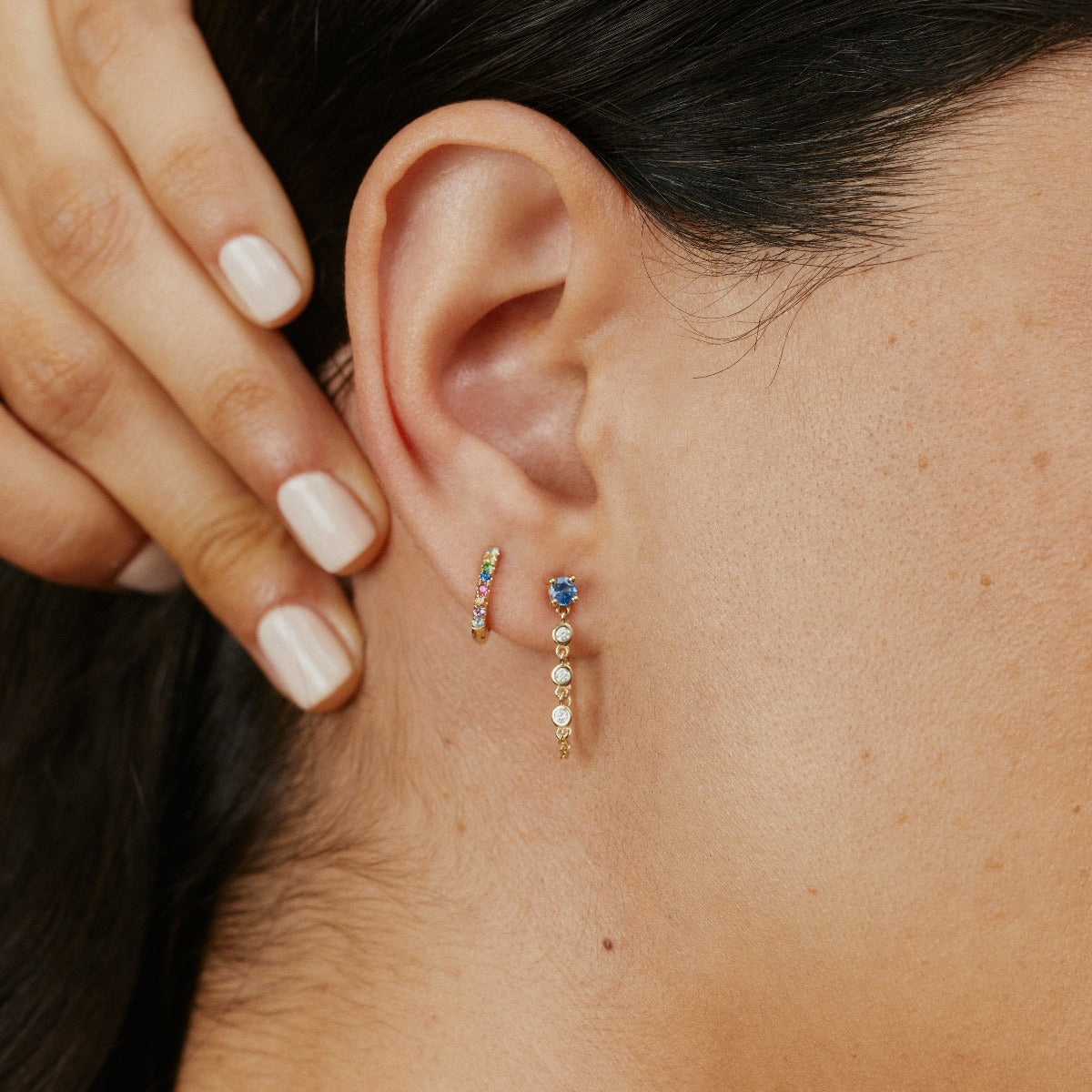 Gemstone Stud with Diamond Chain