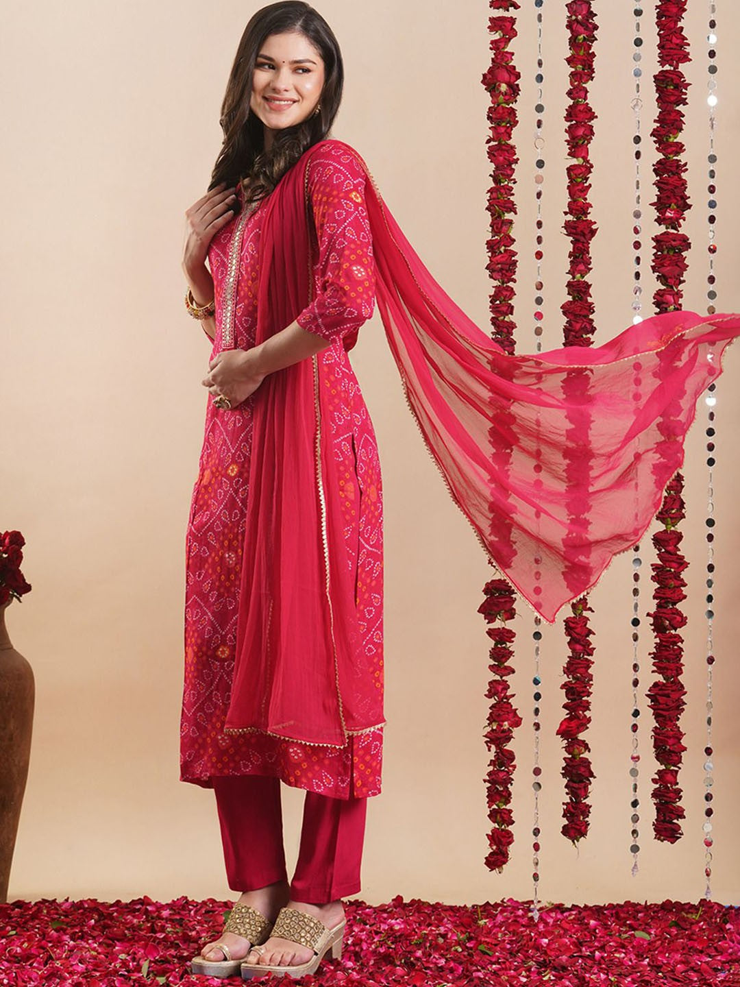 Bandhani Printed Round Neck Regular Beads Work Kurta With Trousers With Dupatta