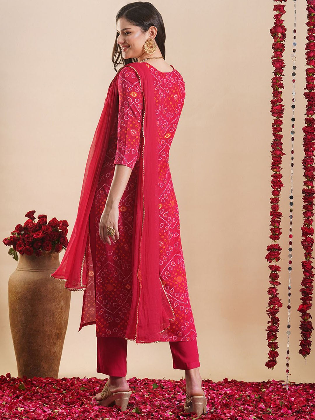 Bandhani Printed Round Neck Regular Beads Work Kurta With Trousers With Dupatta