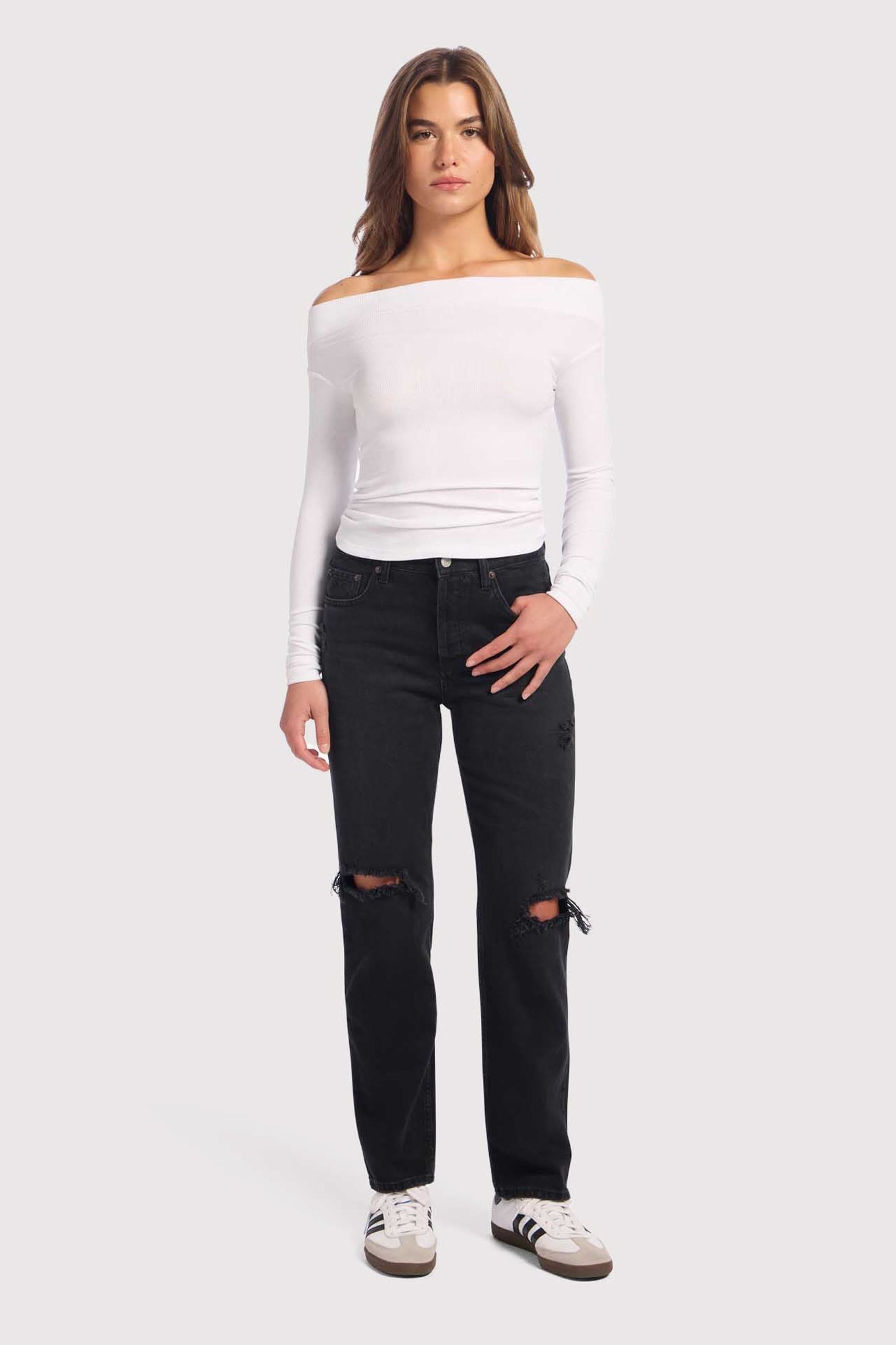 Slinky Rib Off-The-Shoulder Shirt | White