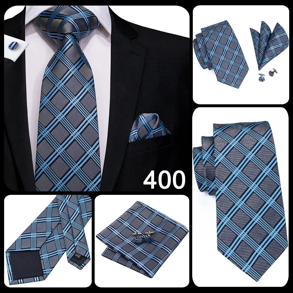 Hi-Tie Designer Silk Wedding Tie For Men Blue White Plaid Handky Cufflink Set Fashion Necktie For Men Business Party Wholesale