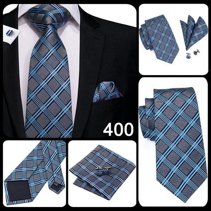 Hi-Tie Designer Silk Wedding Tie For Men Blue White Plaid Handky Cufflink Set Fashion Necktie For Men Business Party Wholesale