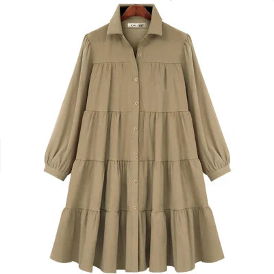 2025 Spring Women Casual Shirt Dresses Loose Office Lady Work Vestidos Soild Color Plus Size 4XL Female Pleated Dress Robe KE211