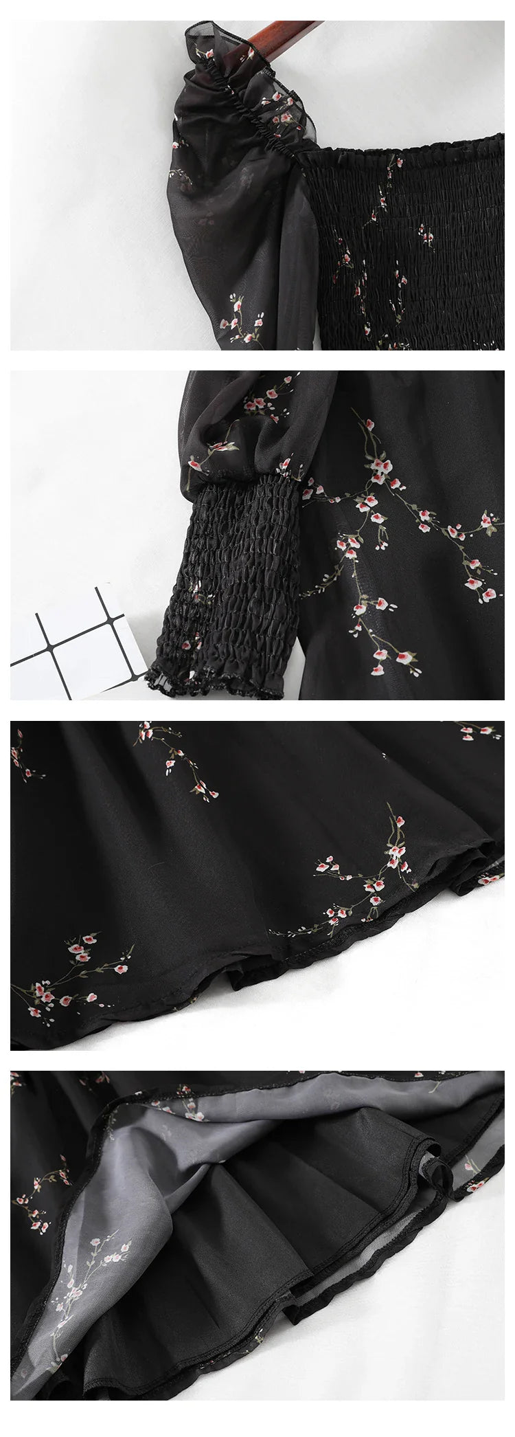 Spring Womens Sexy Black Dress Vintage Flower Long Puff Sleeve Chiffon Dresses Korean Casual Mini Vestidos Mujer Clothes 13676