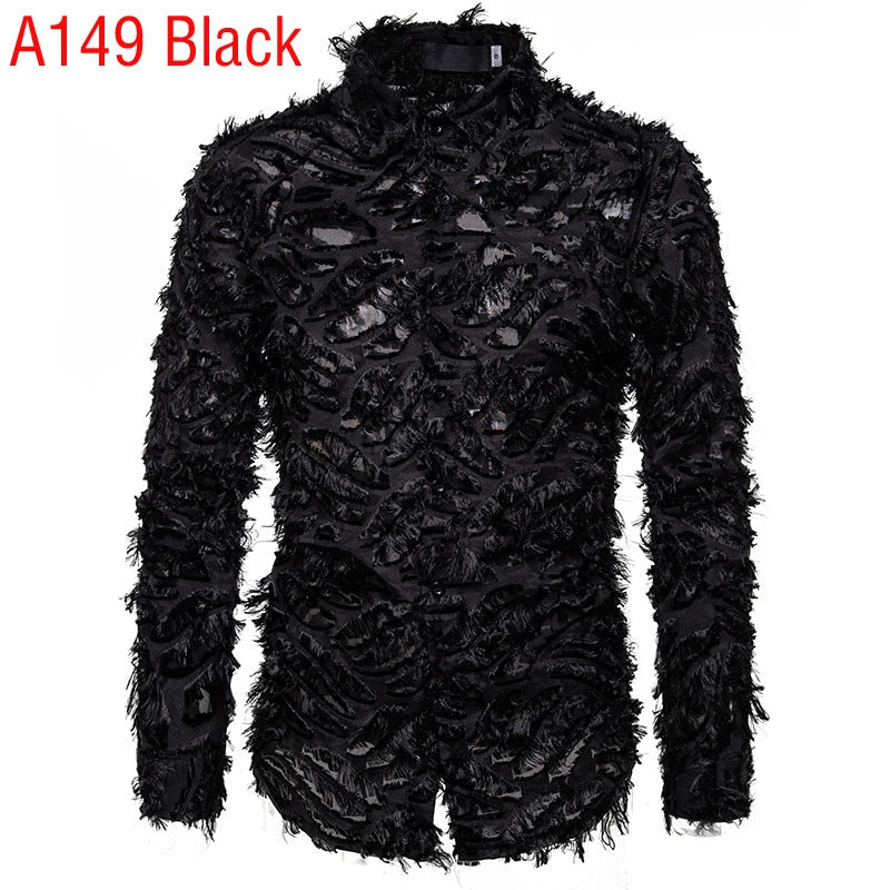 Sexy Black Feather Lace Shirt Men 2023 Fashion See Through Clubwear Dress Shirts Mens Event Party Prom Transparent Chemise S-3XL