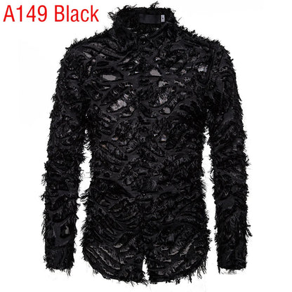 Sexy Black Feather Lace Shirt Men 2023 Fashion See Through Clubwear Dress Shirts Mens Event Party Prom Transparent Chemise S-3XL