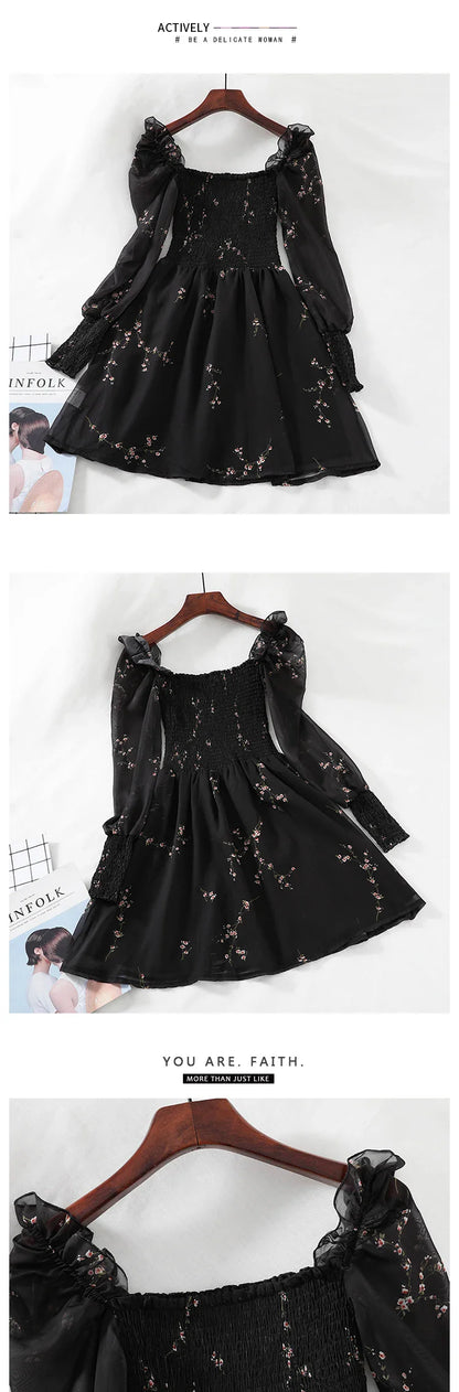 Spring Womens Sexy Black Dress Vintage Flower Long Puff Sleeve Chiffon Dresses Korean Casual Mini Vestidos Mujer Clothes 13676