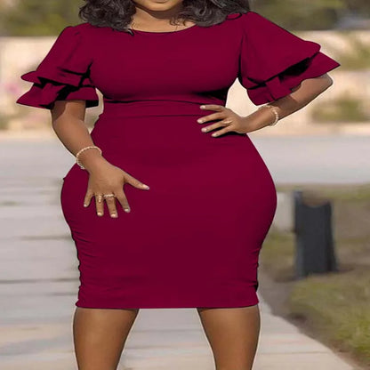Solid Pink Bodycon Dress Women Plus Size 5XL Office Lady African Elegant O-Neck Ruffles Sleeve Pencil Dress Evening Party