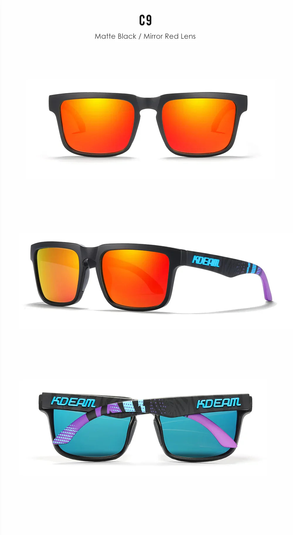 KDEAM Square Men's Polarized Sunglasses Outdoors Lifestyle Coating Sun Glasses New Matching Colors With Box