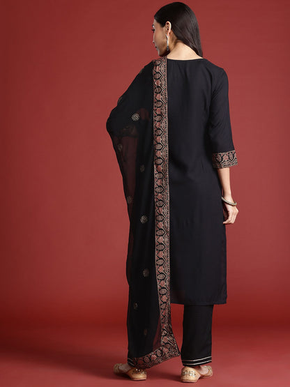 Black Ethnic Motifs Printed Straight Kurta with Trousers & Dupatta