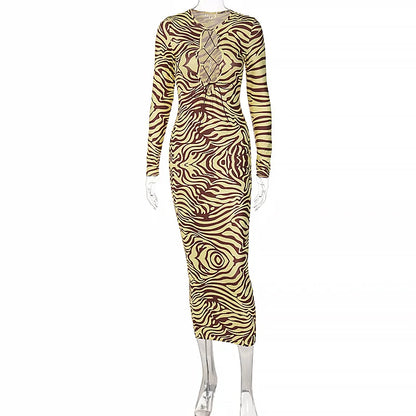 Shestyle Zebra Print Yellow Pencil Long Dresses Women V Neck Corss Hollow OUt Bandage Sexy Bodycon Party Wear Christmas Outfit