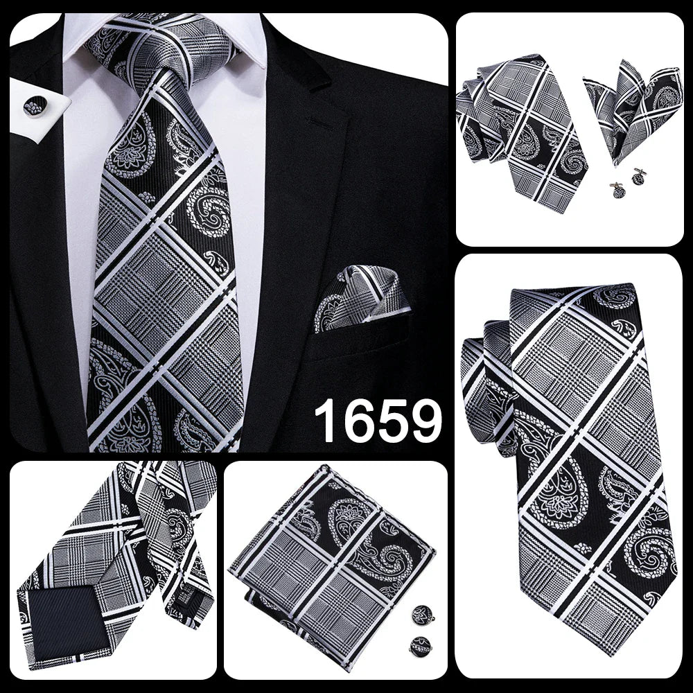 Hi-Tie Designer Silk Wedding Tie For Men Blue White Plaid Handky Cufflink Set Fashion Necktie For Men Business Party Wholesale