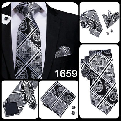 Hi-Tie Designer Silk Wedding Tie For Men Blue White Plaid Handky Cufflink Set Fashion Necktie For Men Business Party Wholesale