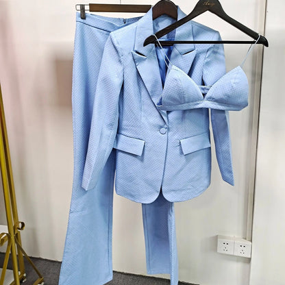 HIGH QUALITY New Fashion 2026 Designer Blazer Suit Set Women's Single Button Diamonds Beaded Camis Blazer Pants Suit 3pcs Set