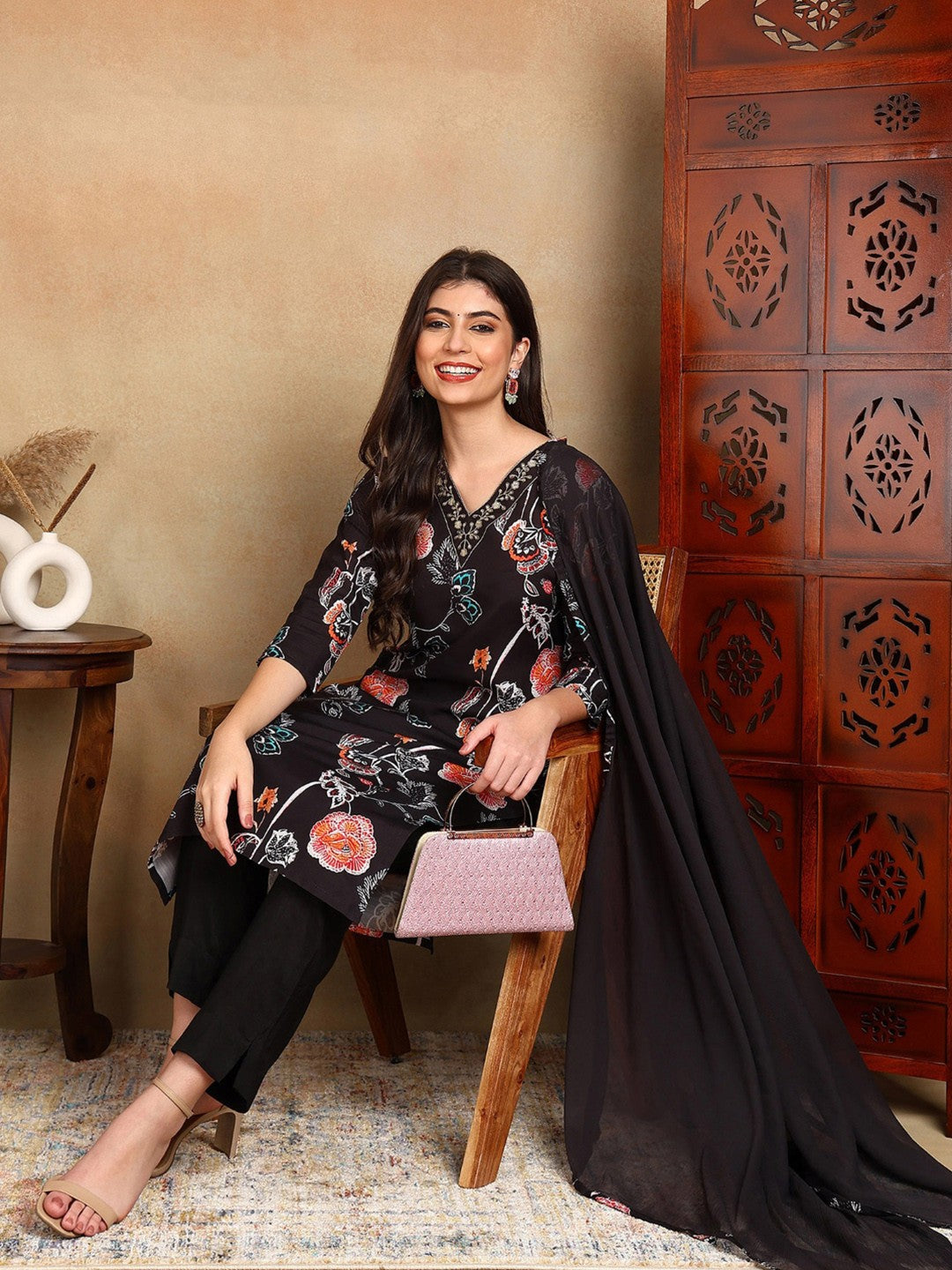 Black Floral Printed Zari Work Straight Kurta With Trousers & Dupatta
