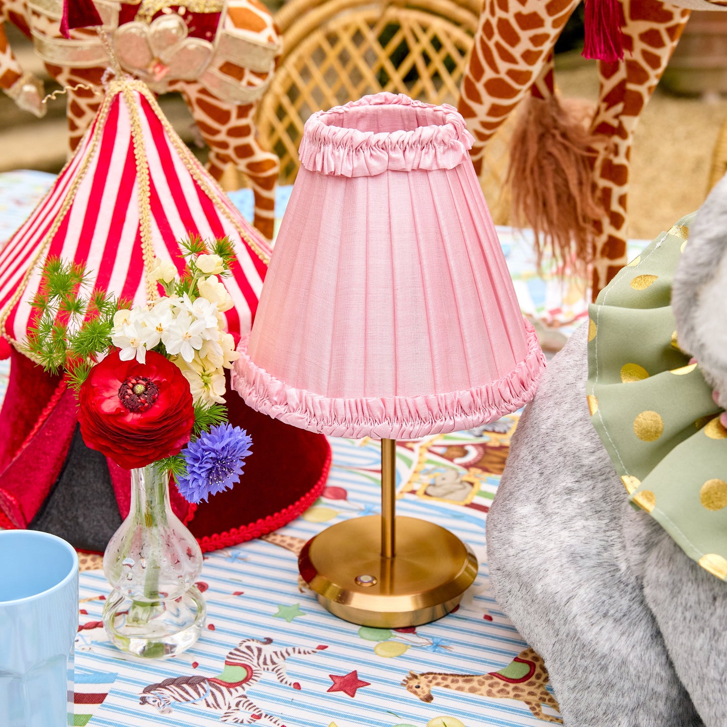 Short Rechargeable Lamp with Pale Pink Frilled Silk Shade (18cm)
