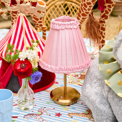 Short Rechargeable Lamp with Pale Pink Frilled Silk Shade (18cm)