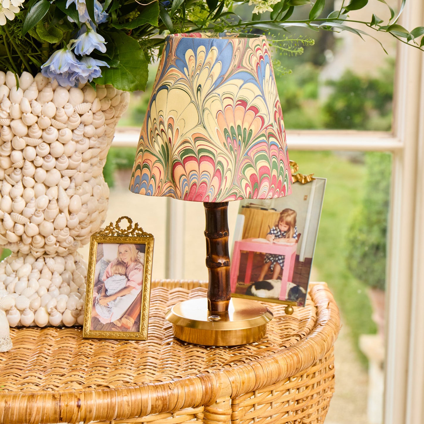 Short Burnt Bamboo Rechargeable Lamp with Multi Marble Shade (18cm)
