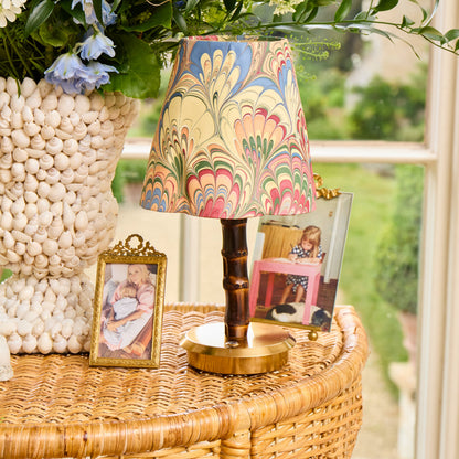 Short Burnt Bamboo Rechargeable Lamp with Multi Marble Shade (18cm)