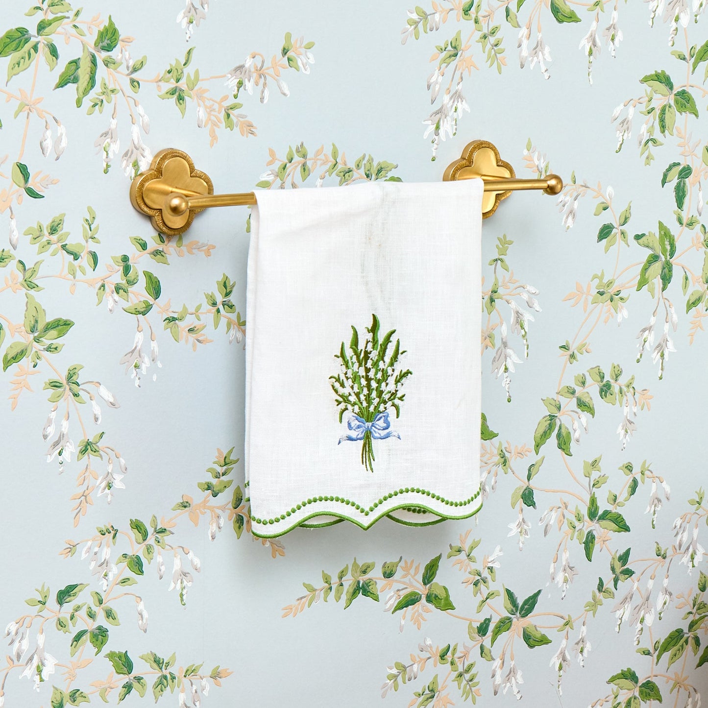 White Lily of the Valley Embroidered Linen Hand Towel