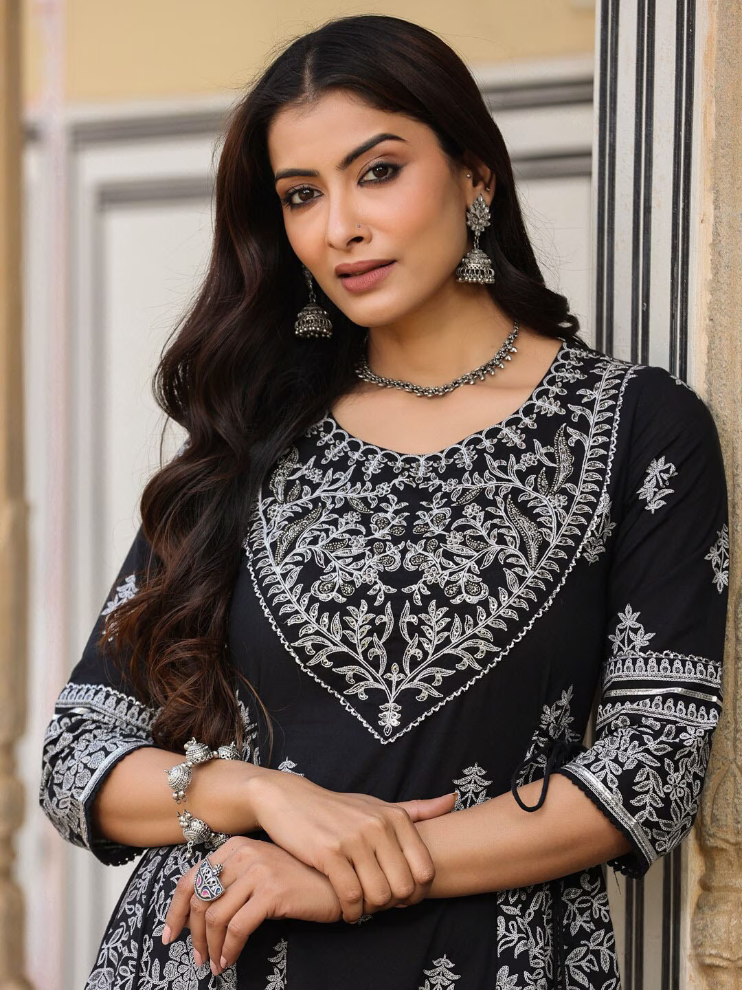 Black & White Printed Cotton Fit & Flared Midi Ethnic Dress