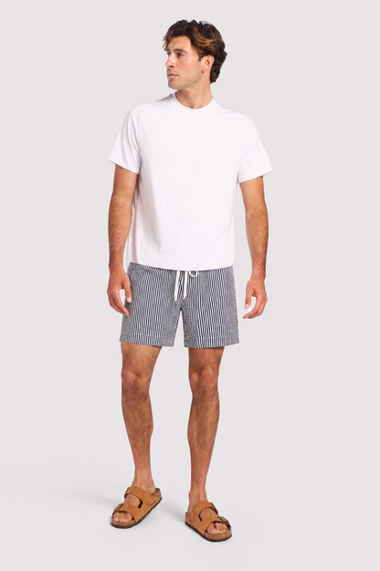 Seersucker Swim Trunk | Dark Navy Stripe