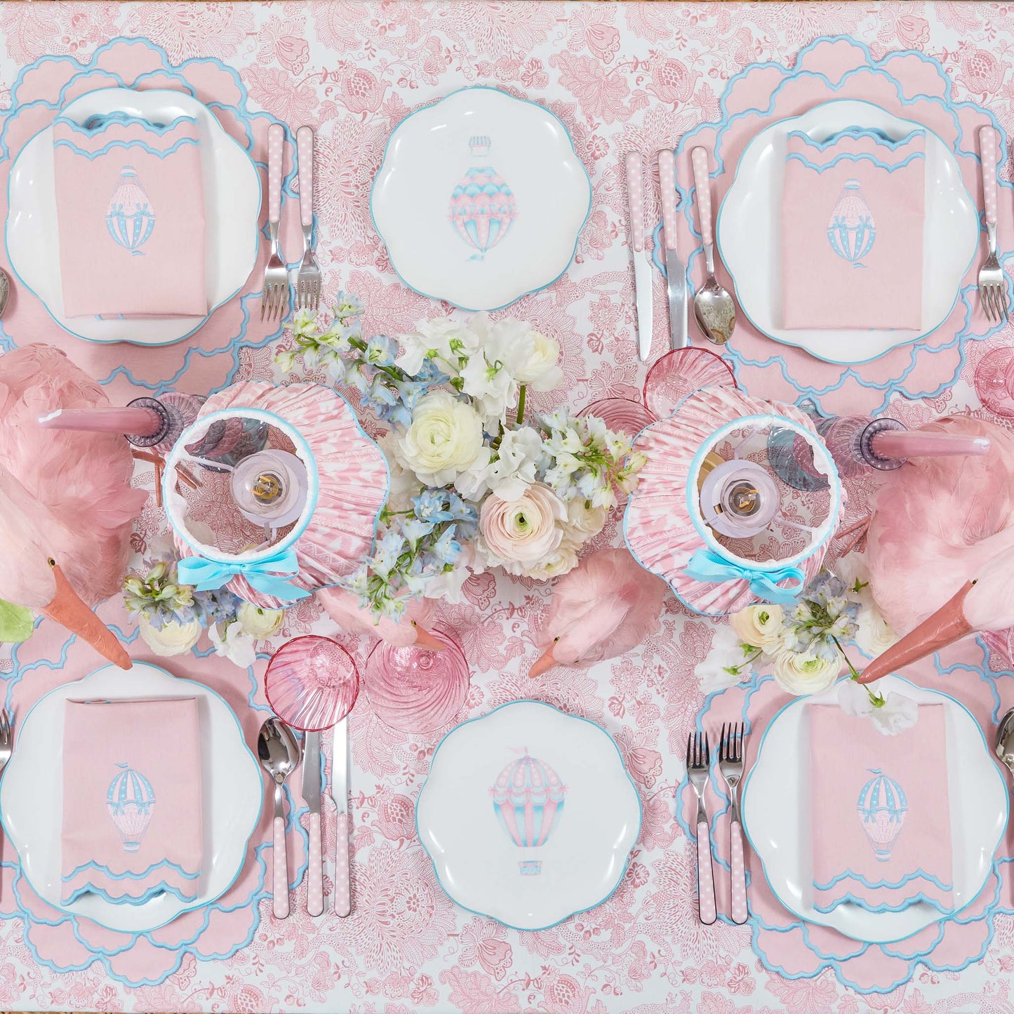 Pink & Blue Sarah Hot Air Balloon Embroidered Napkins (Set of 4)
