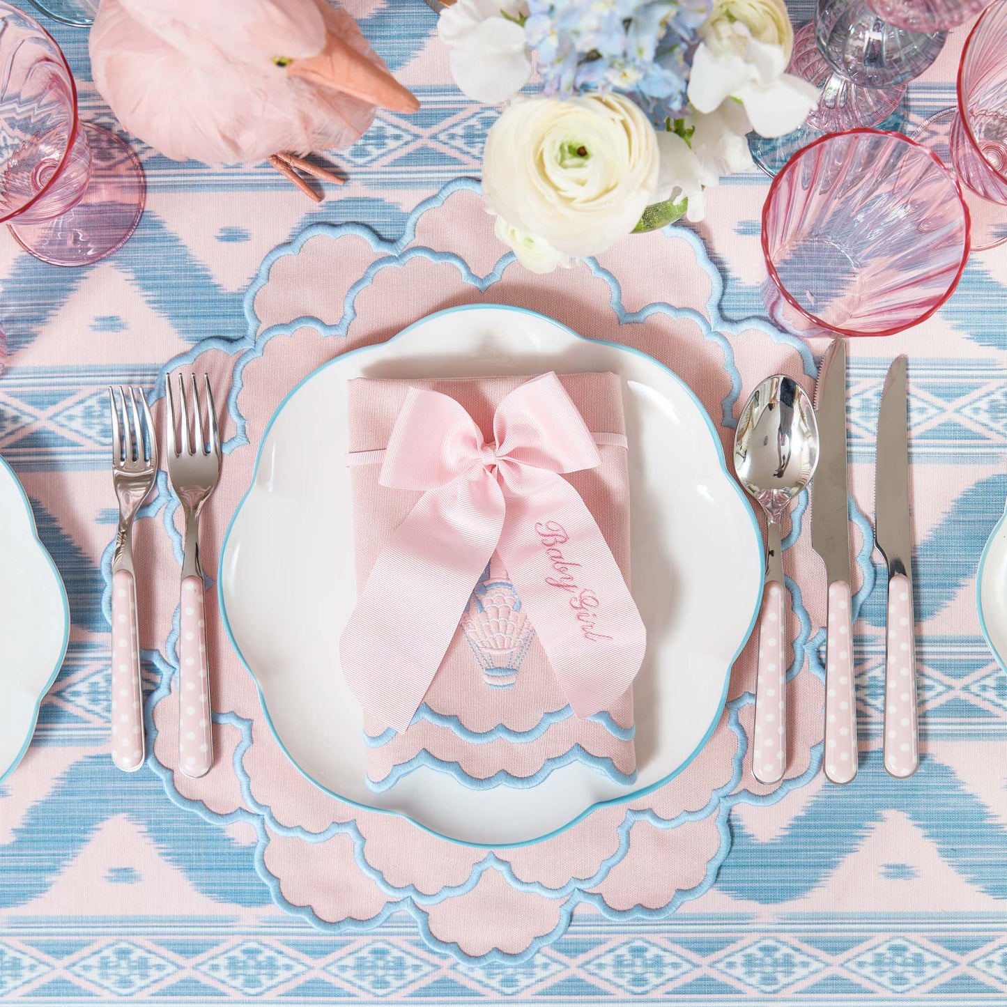 Pink & Blue Sarah Hot Air Balloon Embroidered Napkins (Set of 4)